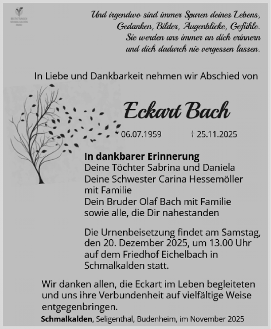 Traueranzeige von Eckart Bach von Südthüringer Presse