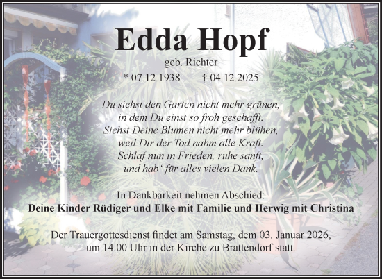 Traueranzeige von Edda Hopf von Südthüringer Presse