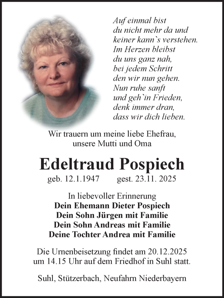  Traueranzeige für Edeltraud Pospiech vom 06.12.2025 aus Südthüringer Presse