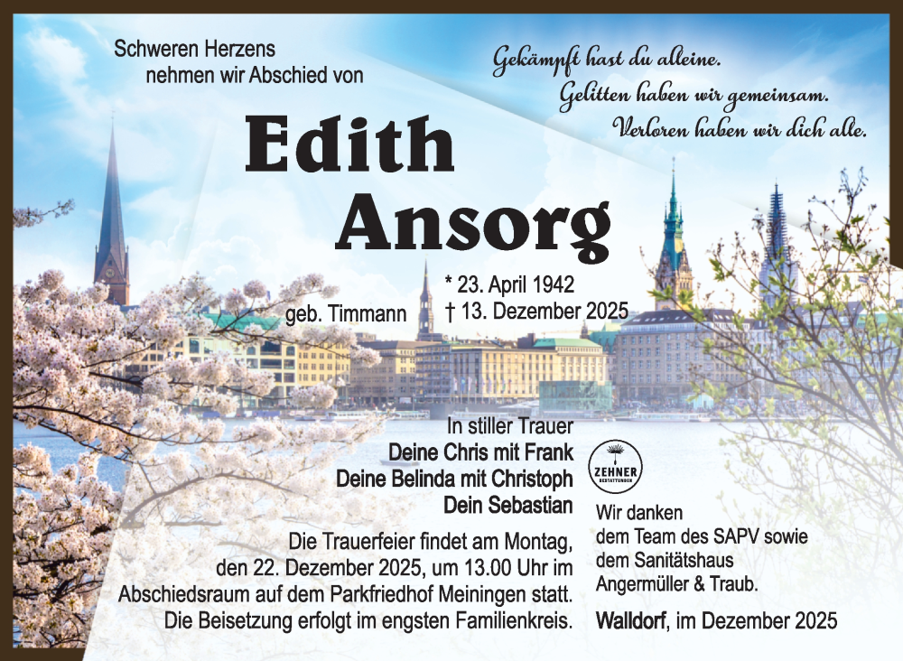  Traueranzeige für Edith Ansorg vom 19.12.2025 aus Südthüringer Presse