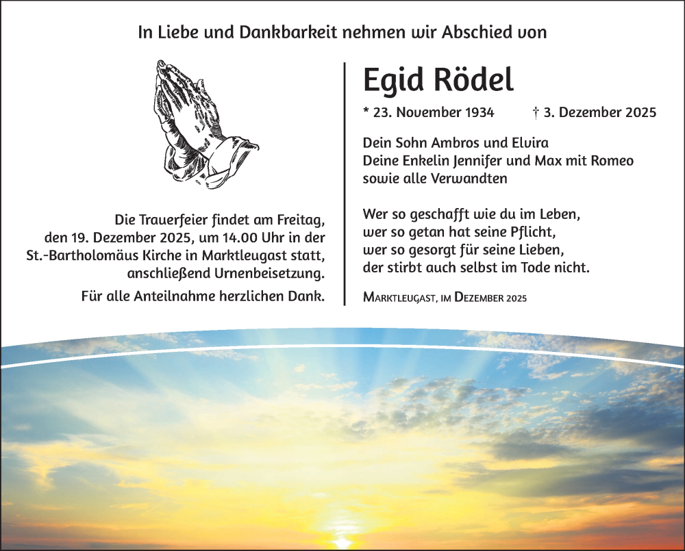  Traueranzeige für Egid Rödel vom 13.12.2025 aus Frankenpost