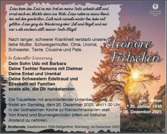 Traueranzeige von Eleonore Fretschen von Südthüringer Presse