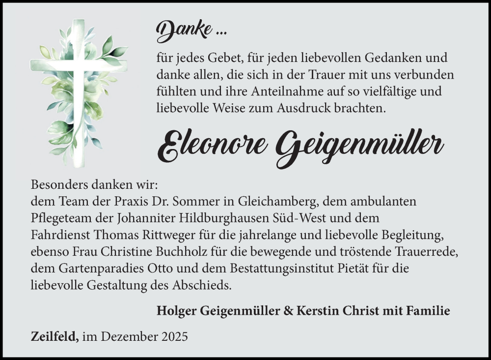 Traueranzeige für Eleonore Geigenmüller vom 20.12.2025 aus Südthüringer Presse