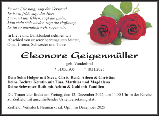 Traueranzeige von Eleonore Geigenmüller von Südthüringer Presse