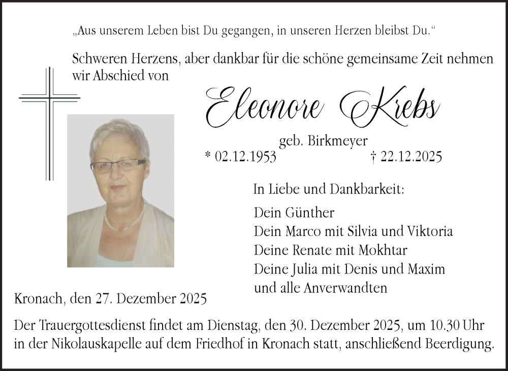  Traueranzeige für Eleonore Krebs vom 27.12.2025 aus Neue Presse Coburg