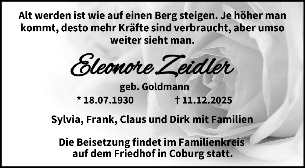  Traueranzeige für Eleonore Zeidler vom 13.12.2025 aus Neue Presse Coburg