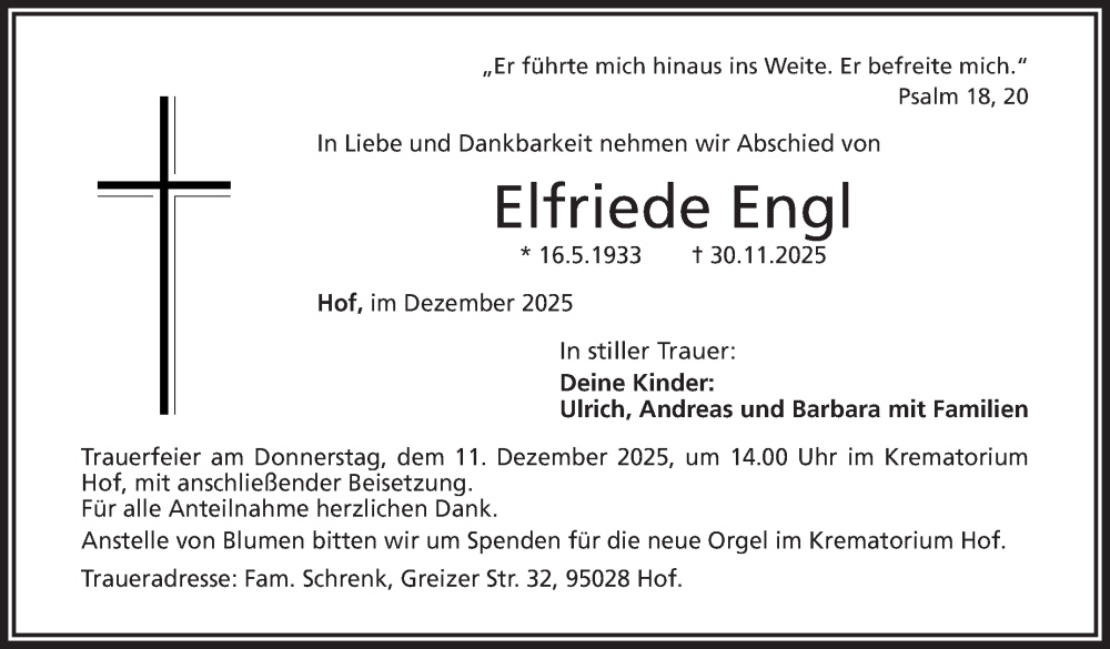  Traueranzeige für Elfriede Engl vom 09.12.2025 aus Frankenpost