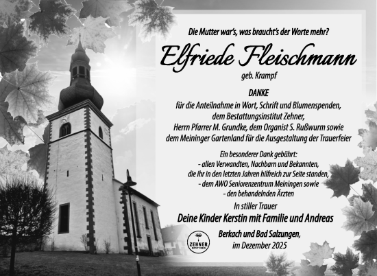 Traueranzeige von Elfriede Fleischmann von Südthüringer Presse