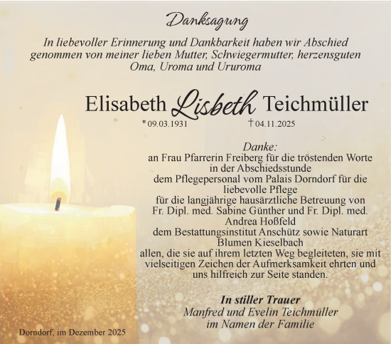 Traueranzeige von Elisabeth Teichmüller von Südthüringer Presse