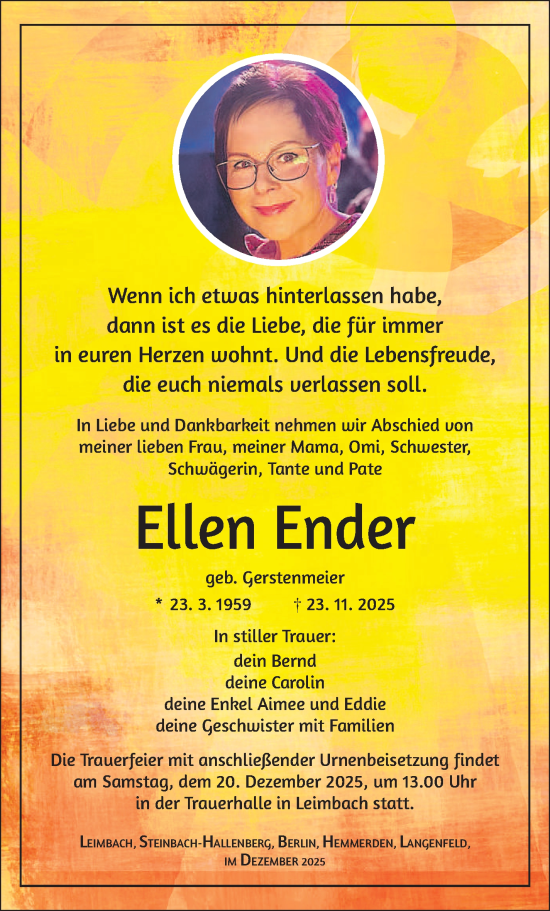 Traueranzeige von Ellen Ender von Südthüringer Presse