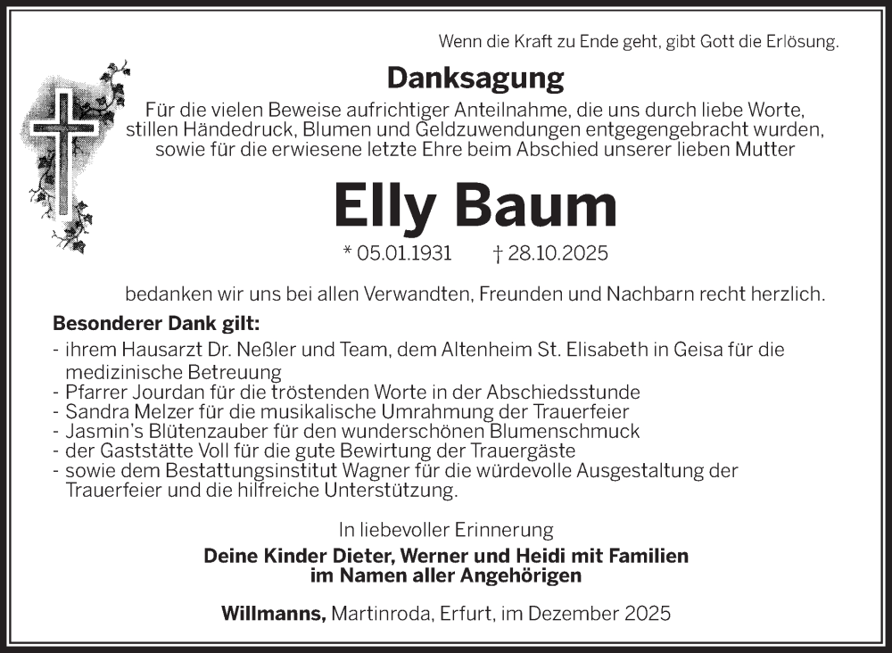  Traueranzeige für Elly Baum vom 06.12.2025 aus Südthüringer Presse