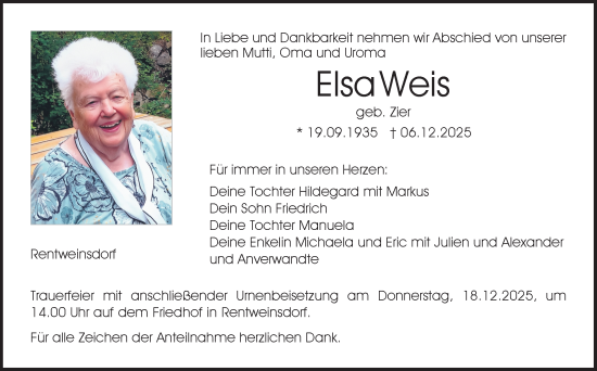 Traueranzeige von Elsa Weis von Neue Presse Coburg