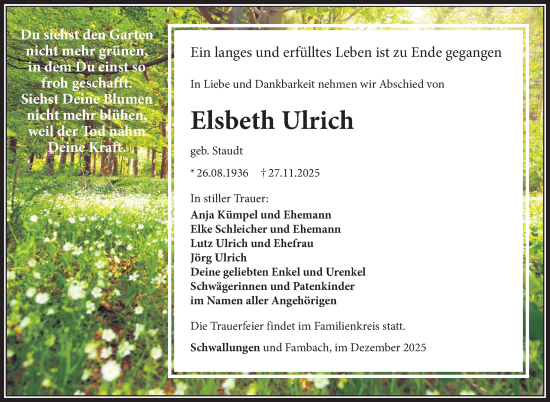 Traueranzeige von Elsbeth Ulrich von Südthüringer Presse