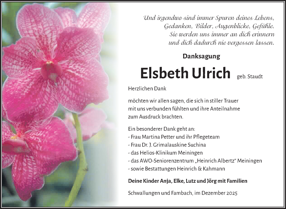  Traueranzeige für Elsbeth Ulrich vom 19.12.2025 aus Südthüringer Presse