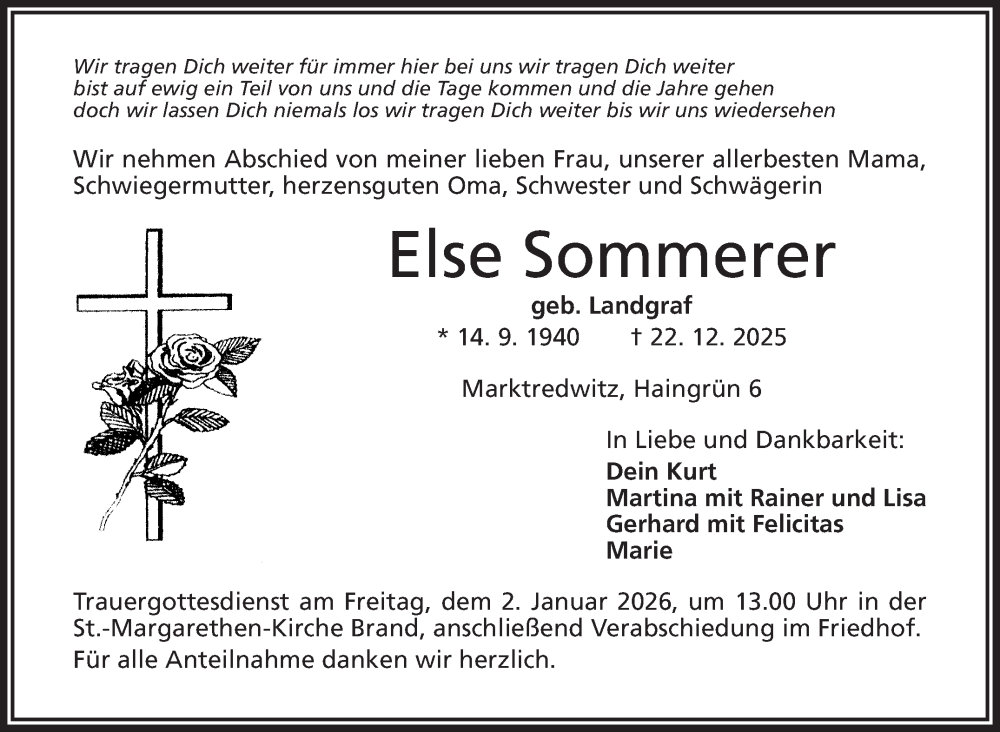  Traueranzeige für Else Sommerer vom 30.12.2025 aus Frankenpost