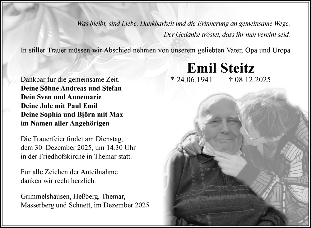  Traueranzeige für Emil Steitz vom 20.12.2025 aus Südthüringer Presse