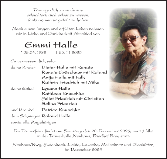 Traueranzeige von Emmi Halle von Südthüringer Presse