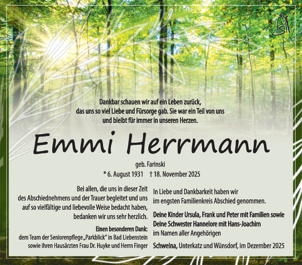  Traueranzeige für Emmi Herrmann vom 06.12.2025 aus Südthüringer Presse