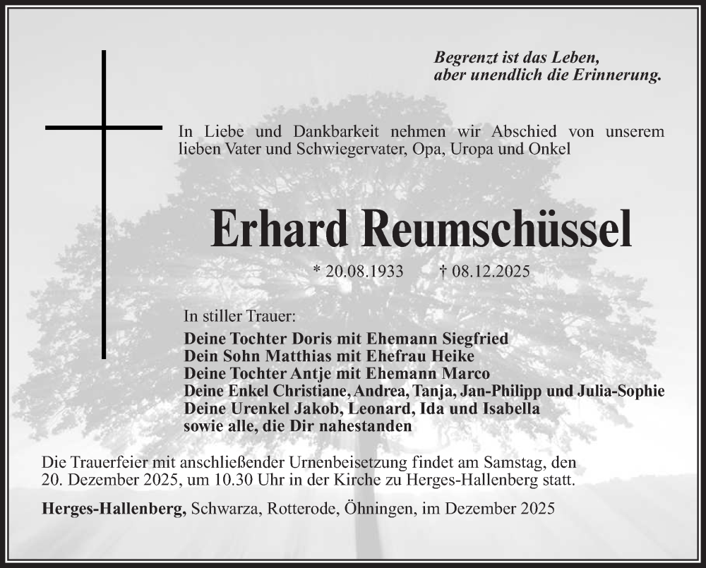  Traueranzeige für Erhard Reumschüssel vom 13.12.2025 aus Südthüringer Presse