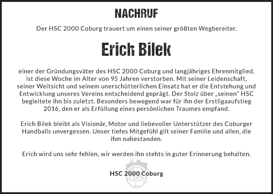 Traueranzeige von Erich Bilek von Neue Presse Coburg