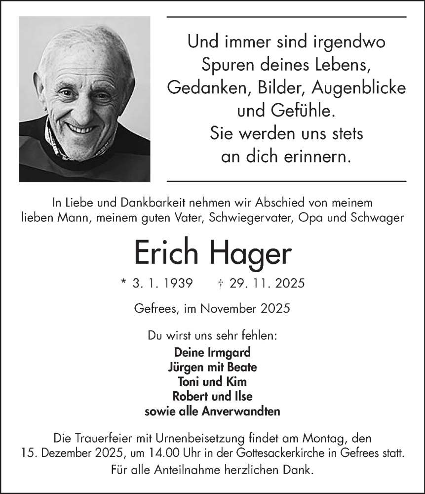  Traueranzeige für Erich Hager vom 06.12.2025 aus Frankenpost
