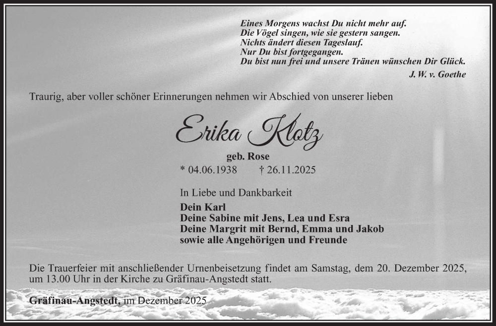  Traueranzeige für Erika Klotz vom 13.12.2025 aus Südthüringer Presse