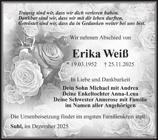Traueranzeige von Erika Weiß von Südthüringer Presse