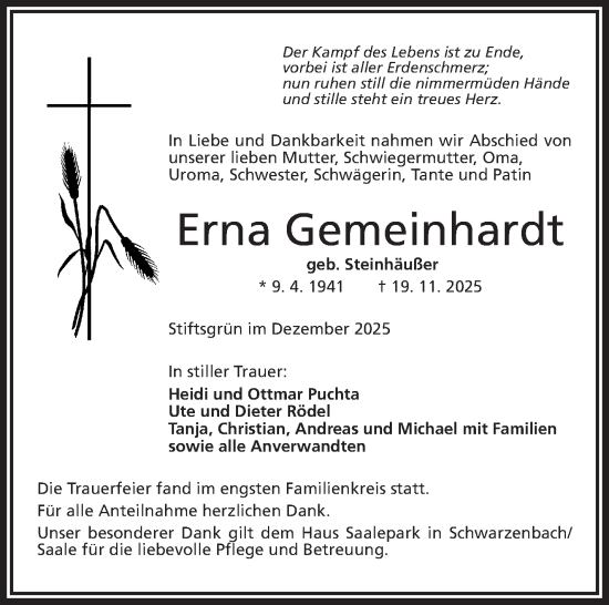 Traueranzeige von Erna Gemeinhardt von Frankenpost