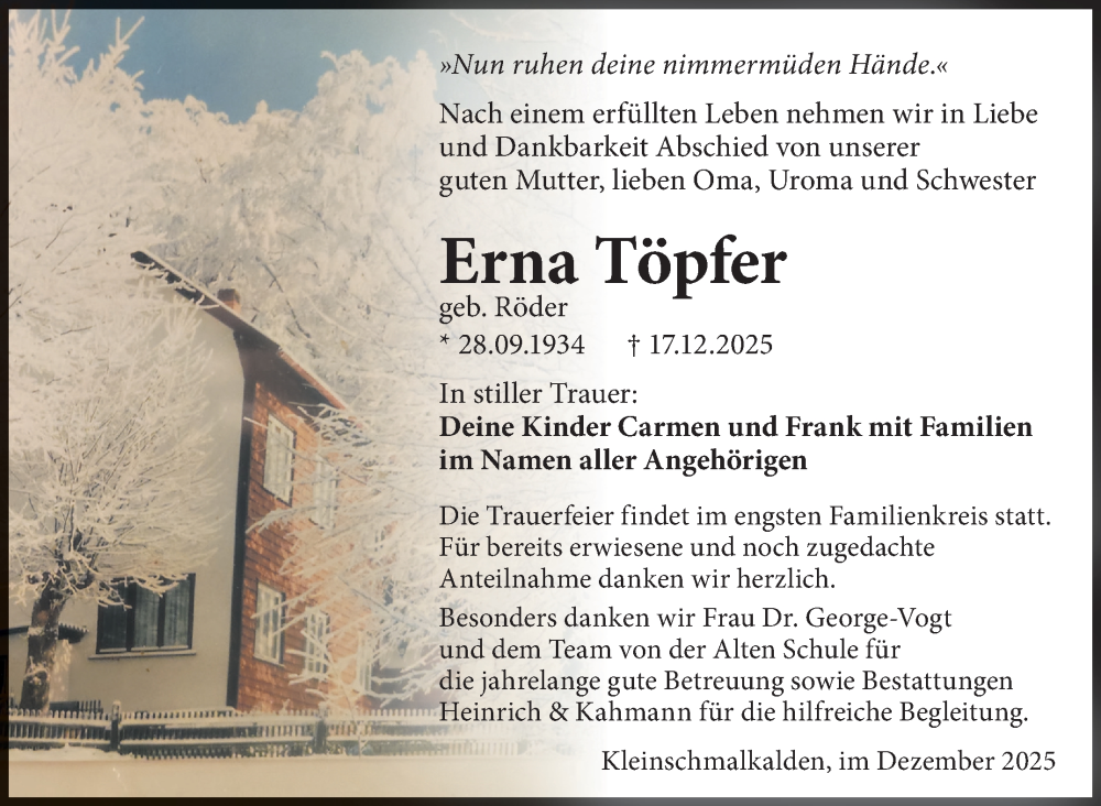  Traueranzeige für Erna Töpfer vom 20.12.2025 aus Südthüringer Presse