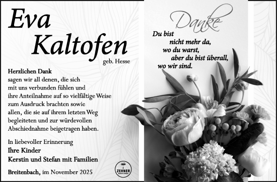 Traueranzeige von Eva Kaltofen von Südthüringer Presse