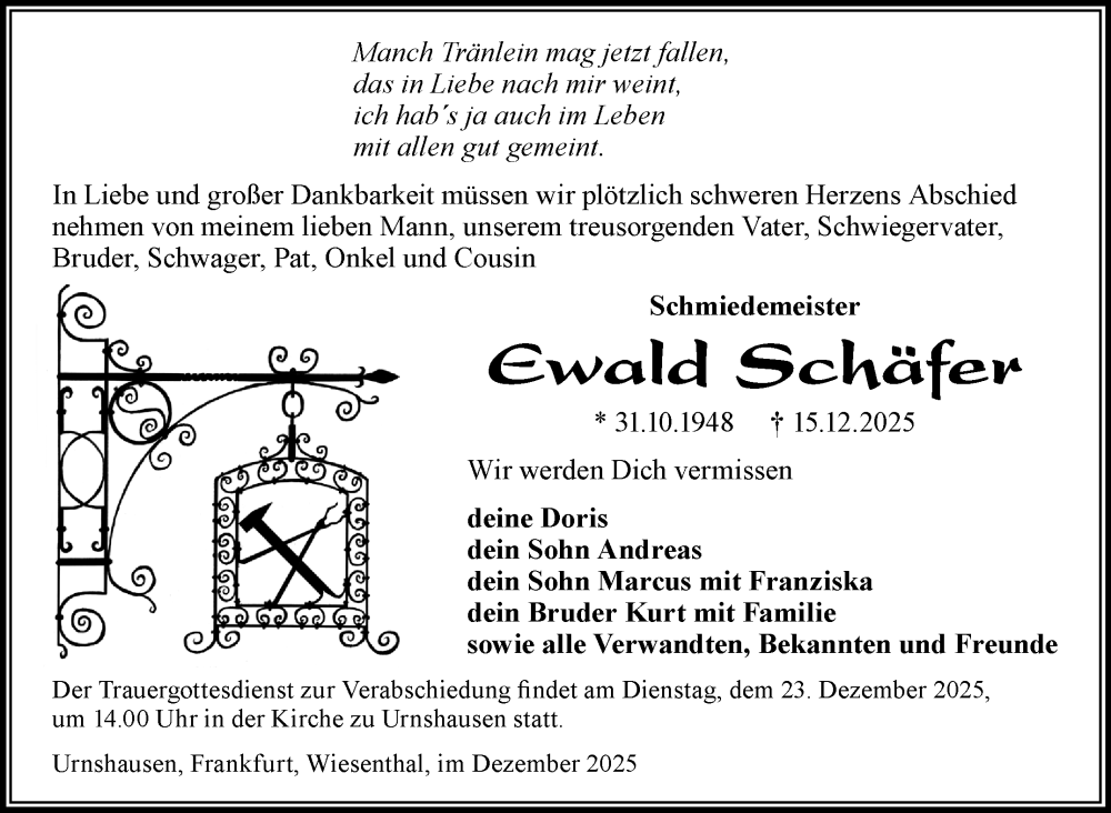  Traueranzeige für Ewald Schäfer vom 19.12.2025 aus Südthüringer Presse