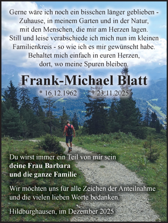 Traueranzeige von Frank-Michael Blatt von Südthüringer Presse