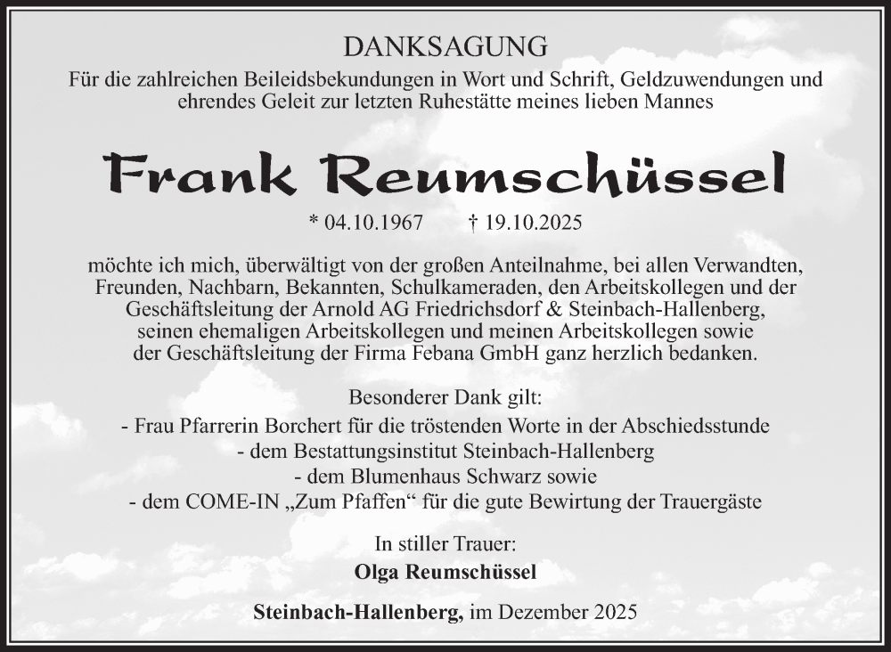  Traueranzeige für Frank Reumschüssel vom 06.12.2025 aus Südthüringer Presse
