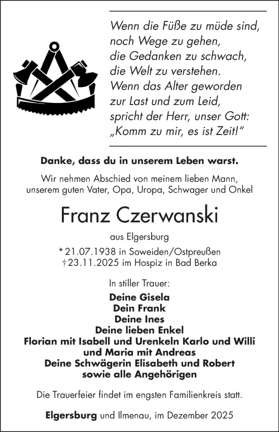 Traueranzeige von Franz Czerwanski von Südthüringer Presse