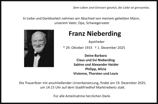 Traueranzeige von Franz Nieberding von Frankenpost