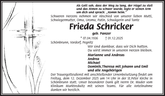 Traueranzeige von Frieda Schricker von Frankenpost