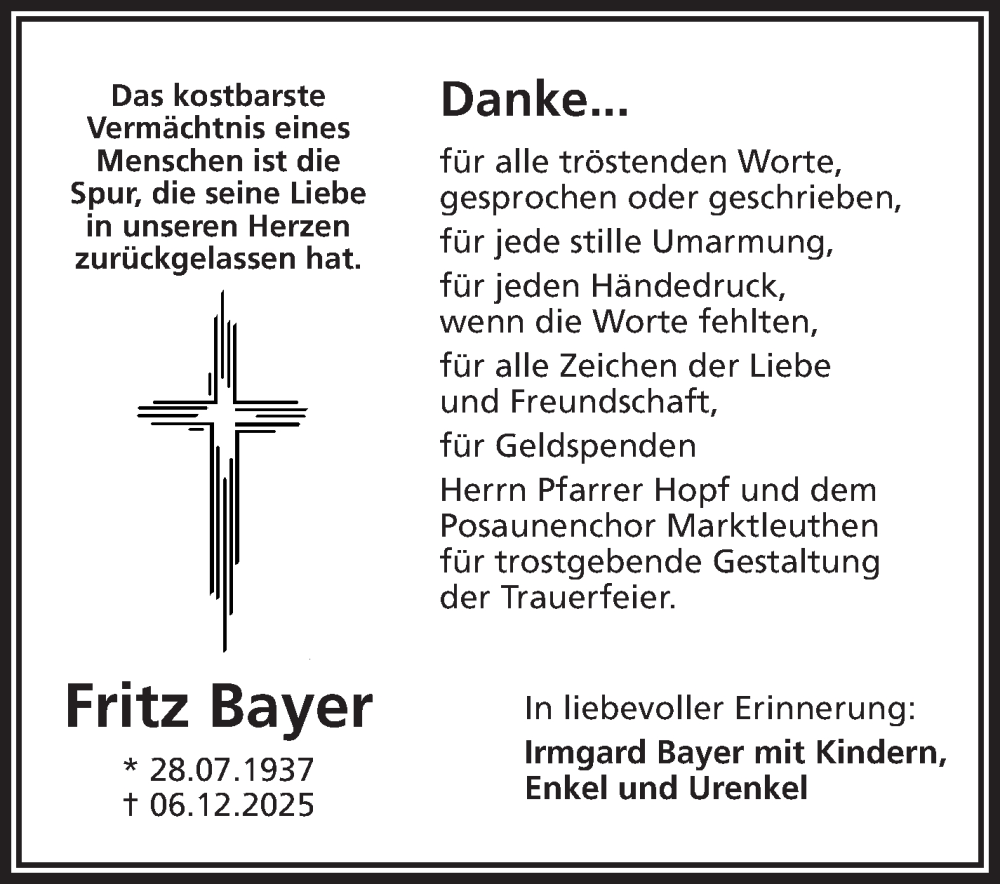  Traueranzeige für Fritz Bayer vom 31.12.2025 aus Frankenpost