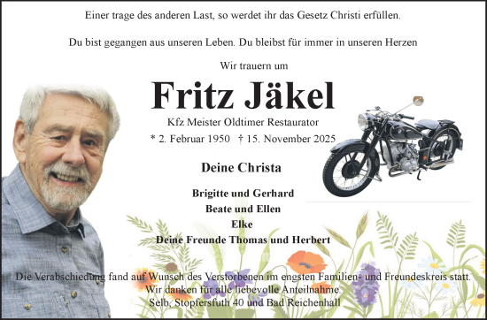 Traueranzeige von Fritz Jäkel von Frankenpost