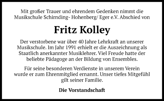Traueranzeige von Fritz Kolley von Frankenpost