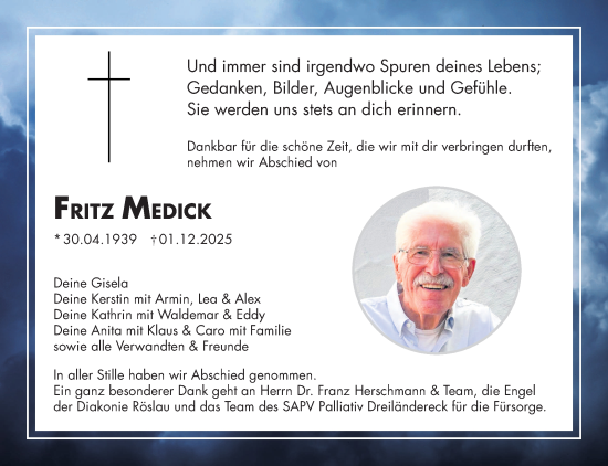 Traueranzeige von Fritz Medick von Frankenpost