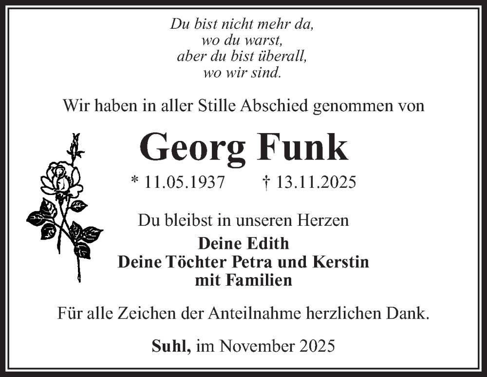  Traueranzeige für Georg Funk vom 06.12.2025 aus Südthüringer Presse