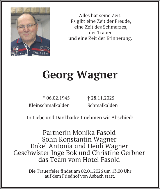 Traueranzeige von Georg Wagner von Südthüringer Presse
