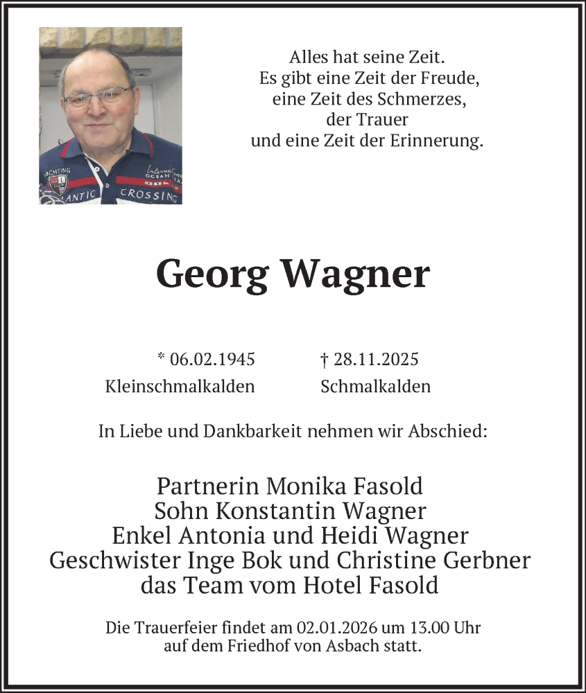  Traueranzeige für Georg Wagner vom 30.12.2025 aus Südthüringer Presse