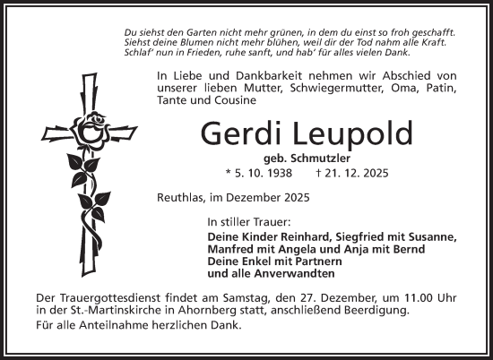 Traueranzeige von Gerdi Leupold von Frankenpost