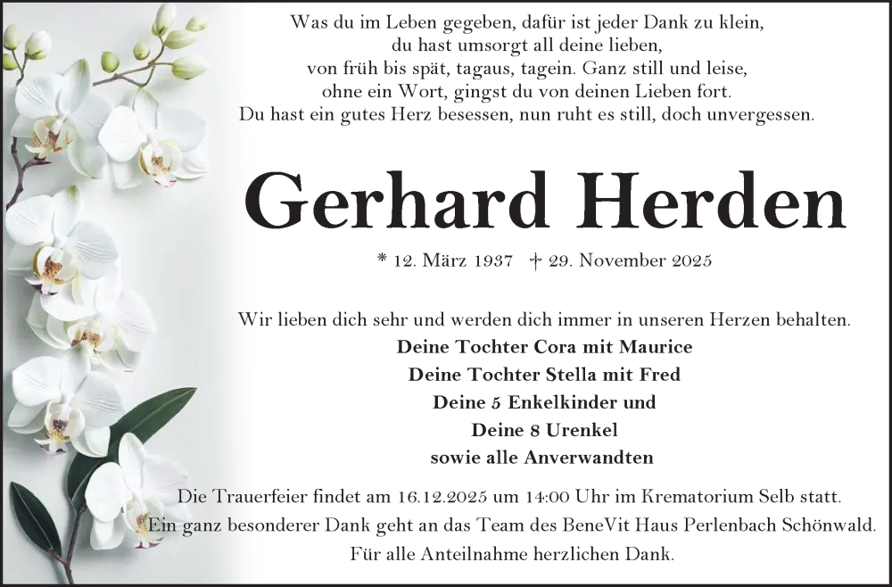 Traueranzeige für Gerhard Herden vom 11.12.2025 aus Frankenpost
