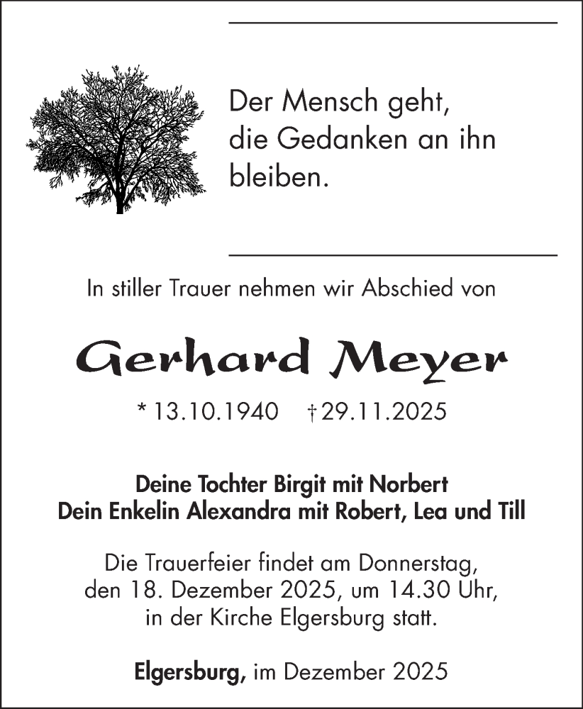  Traueranzeige für Gerhard Meyer vom 13.12.2025 aus Südthüringer Presse