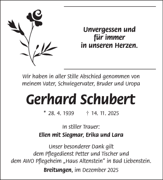 Traueranzeige von Gerhard Schubert von Südthüringer Presse