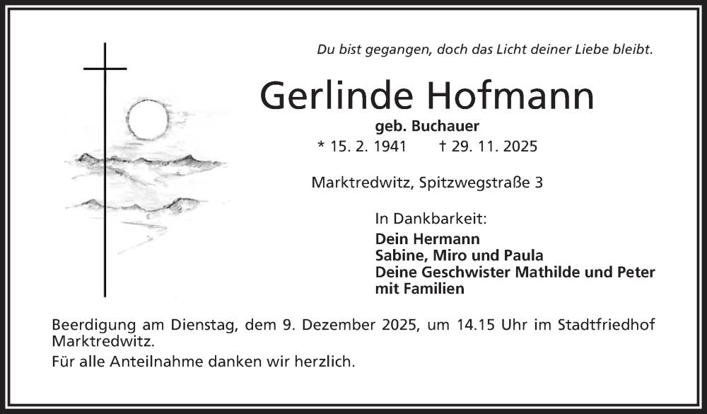  Traueranzeige für Gerlinde Hofmann vom 05.12.2025 aus Frankenpost