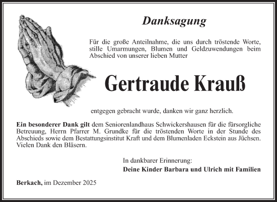 Traueranzeige von Gertraude Krauß von Südthüringer Presse