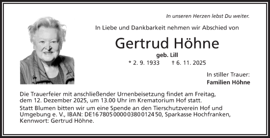Traueranzeige von Gertrud Höhne von Frankenpost